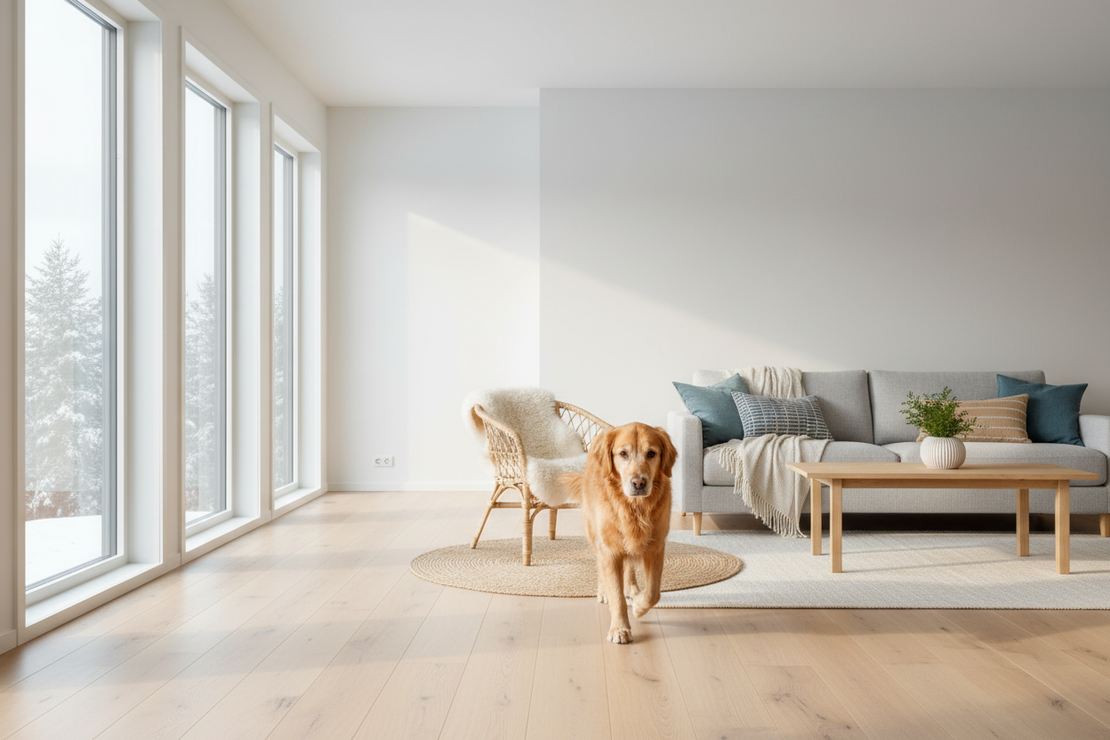 16:9 ratio, walking peacfully dog in modern scandinavian interior, soft morning light, 4k