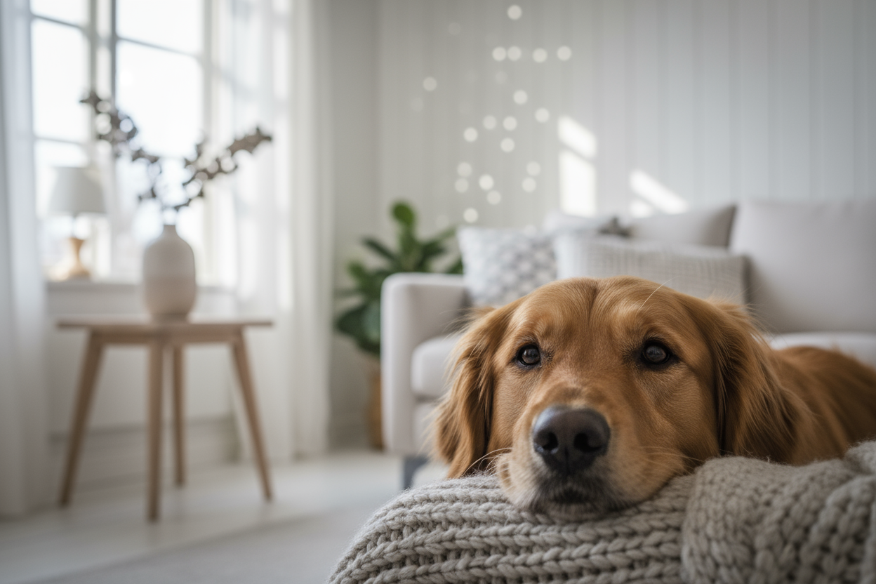 dog in scandinavian interior, close-shot, soft light, 4k